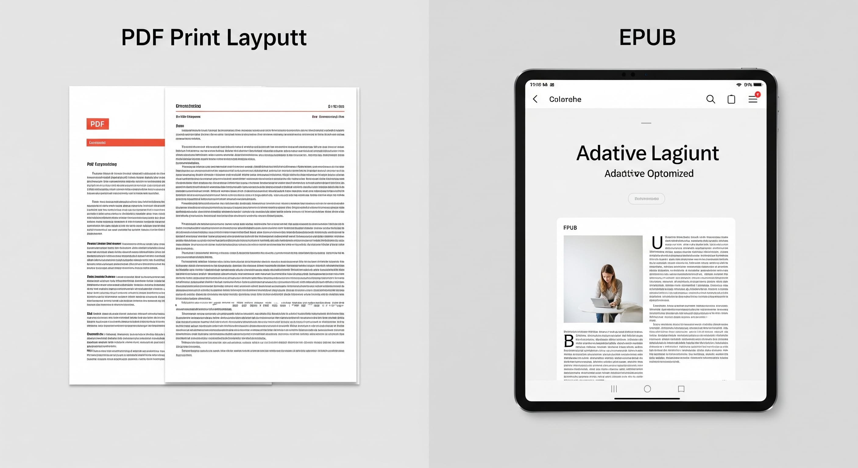 Side-by-side screenshot of a PDF print layout and an EPUB file displayed on a tablet