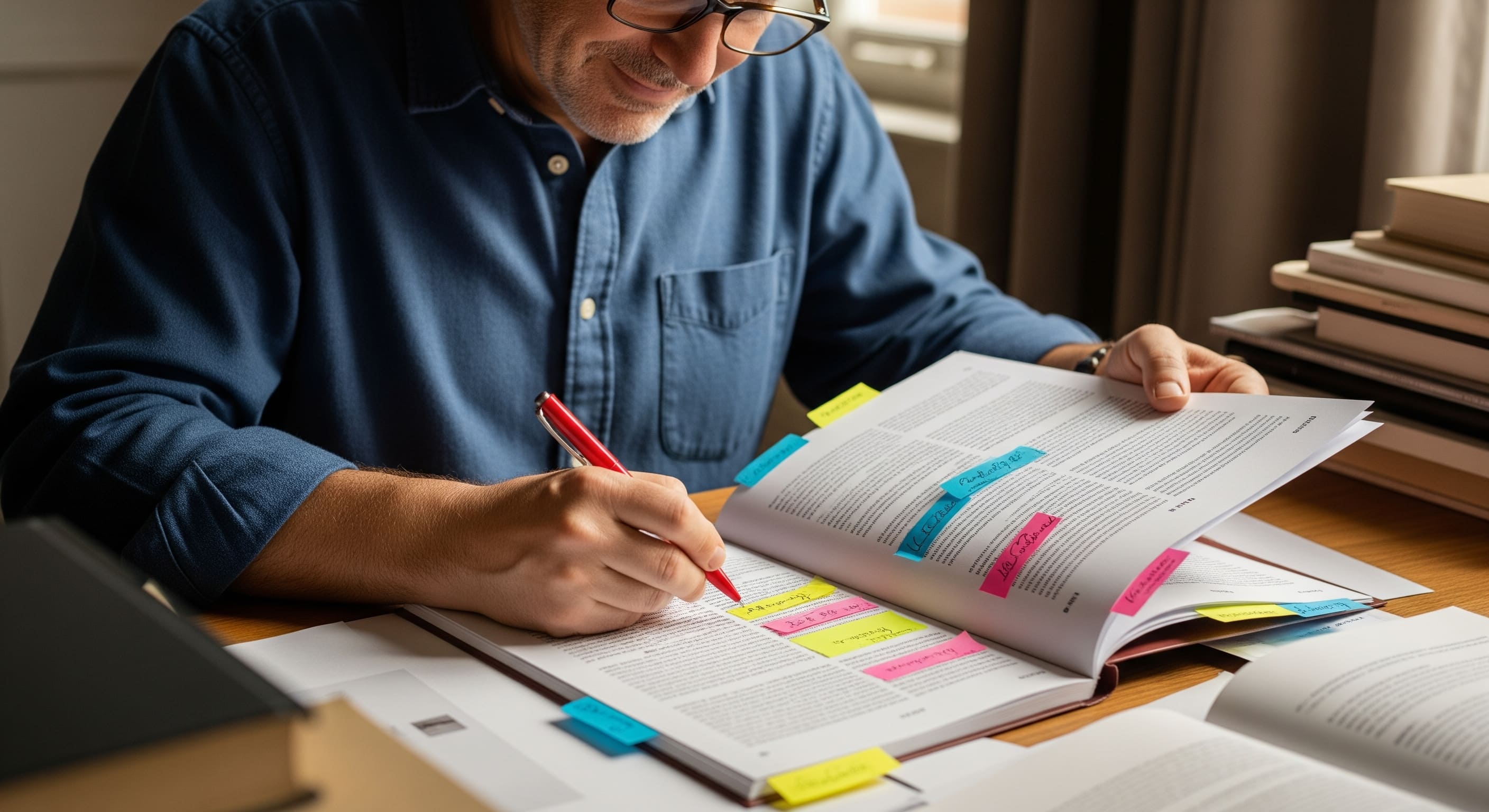 Author reviewing a printed proof copy with notes and sticky tabs