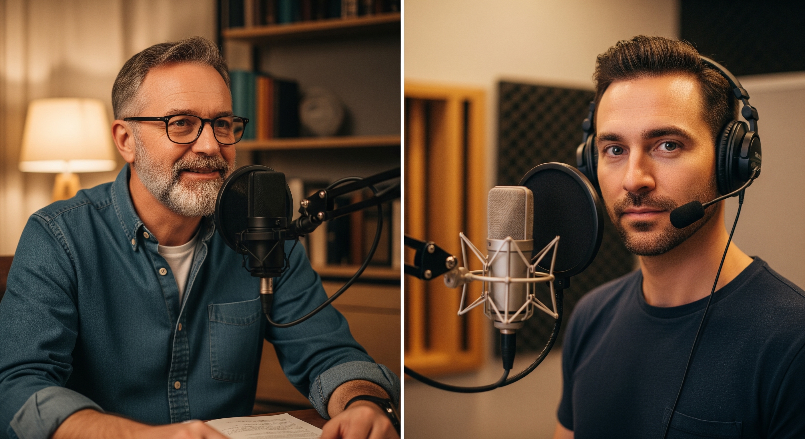 Split image: left side showing an author at a home mic setup, right side showing a narrator in a pro studio